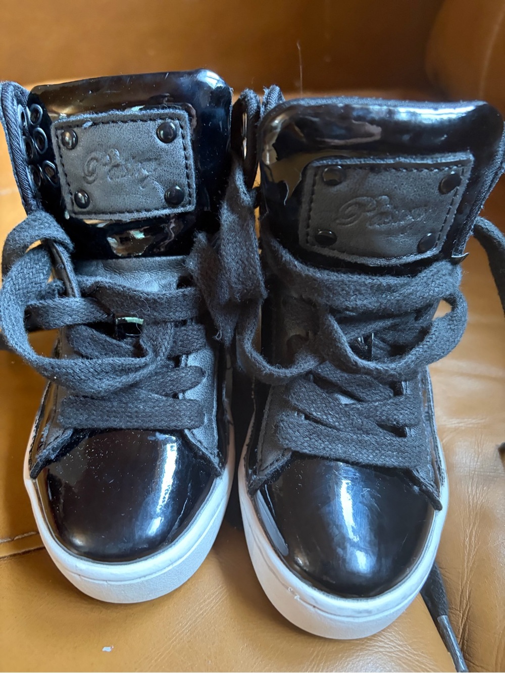 Black High-Top Kids Sneakers with Glossy Toe and White Sole